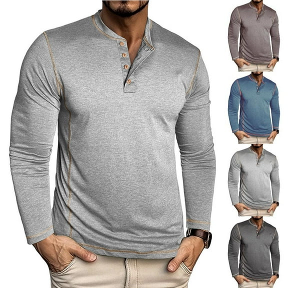 hlysgo Mens Big and Tall Henley Shirts Soft Solid Color Cotton Long Sleeve Tee Shirt Classic Fall Winter Pullover Tops Comfy Basic Tees Gray XXXL