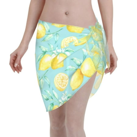 Adobk Women Beach Sarong Bathing Suit Yellow Lemon Print Wrap Skirt Sheer Bikini Swimsuit Cover Ups For Swimwear