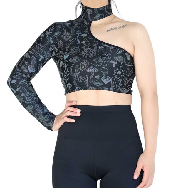 Haut à une Épaule Réfléchissante pour Femmes, Manches Longues, Col Halter, Imprimé Champignon, Chemise Ajustée Aguichant pour Soirée, Mode