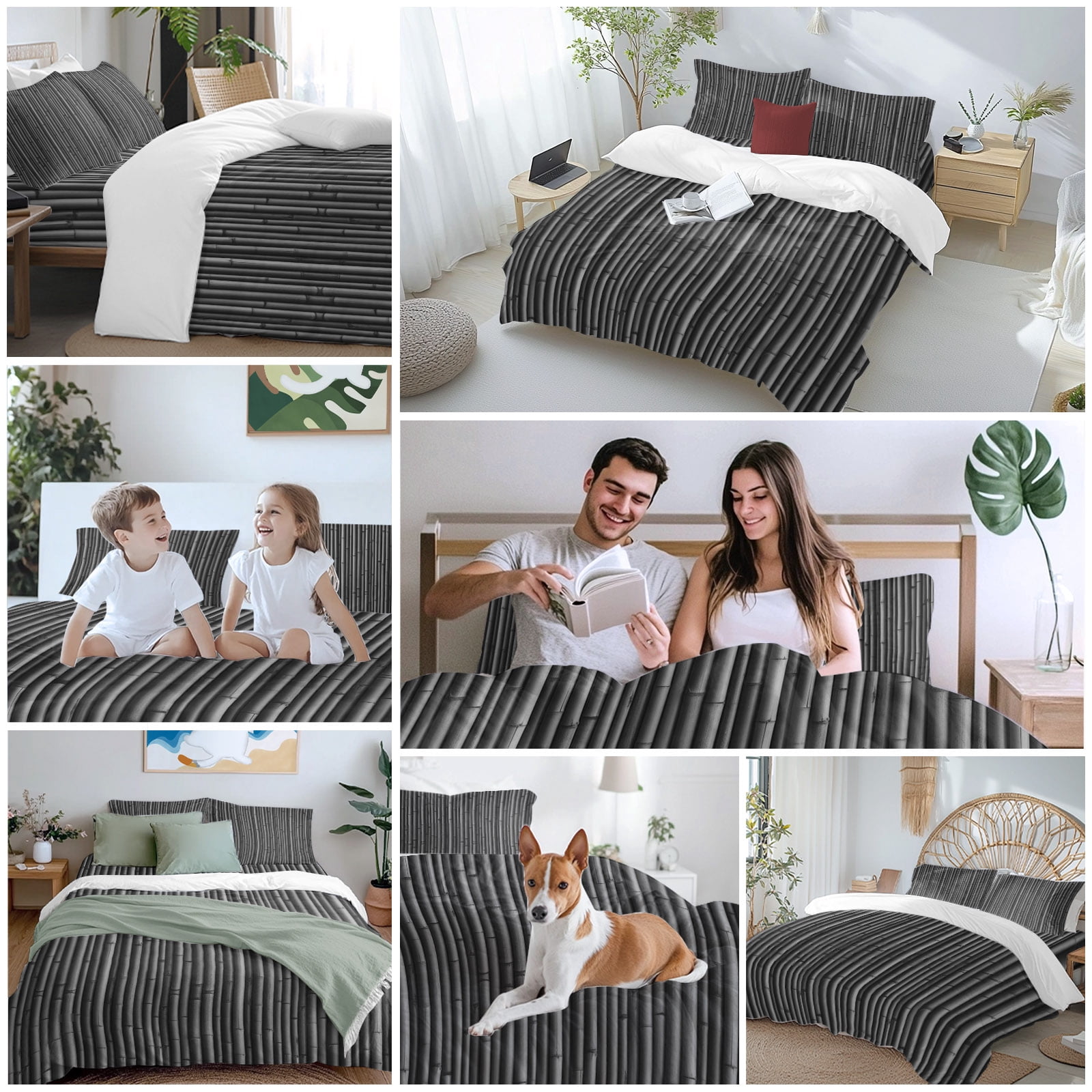 Black Bamboos 4 Piece Duvet Cover Set Queen Size Natural Vintage Bamboos Tree Plant Image Soft Bedding Set Comforter Cover, 1 Duvet Cover 1 Flat Sheets and 2 Pillowcases