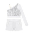 thumbnail image 4 of Doomiva Kids Girls Hip Hop Jazz Dance Outfits Sequins Mesh Long Sleeve One Shoulder Crop Top and Booty Shorts Set Silver 16, 4 of 7