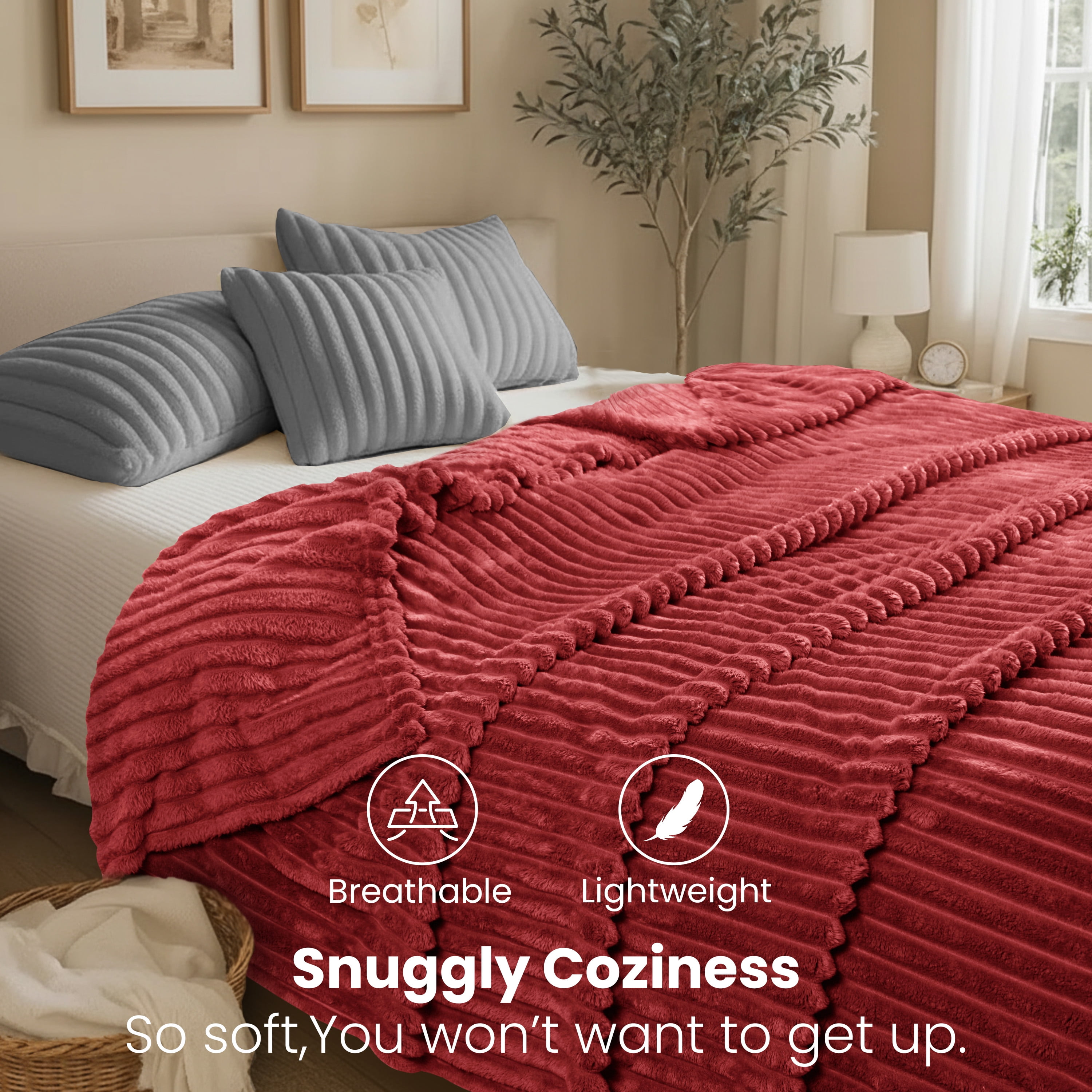 Fleece Blanket Queen Size 90" x 100" - 400GSM Oversized Soft Throw Blanket, Lightweight with Stripes Design Winter Blanket for Bed Sofa Couch