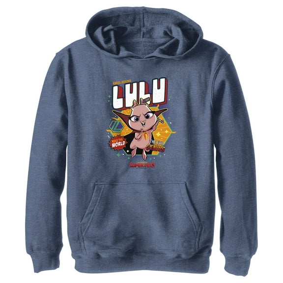 Boy's DC League of Super-Pets Rule the World Lulu Badge Pull Over Hoodie Navy Blue Heather Medium