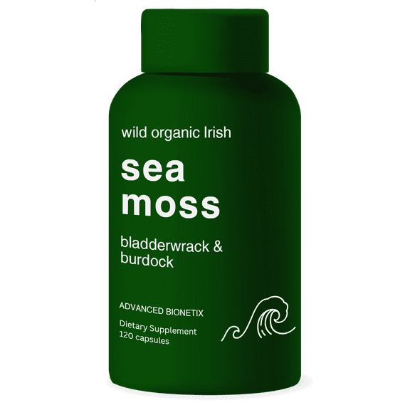 Advanced Bionetix Organic Irish Sea Moss Capsules, Raw Wildcrafted Seamoss Enhanced w/ Bladderwrack & Burdock Root Capsules 120 Total Pills Antioxidant Packed. Prebiotic Superfood, Thyroid Health.