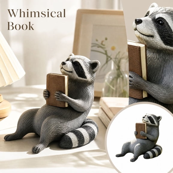 Resin Raccoon Book Holder Bookend with Aesthetic Desk Decor, Cute Office Desk Accessories for Home Bookshelf Display, Teacher Appreciation Book Lover Gifts 1Pc