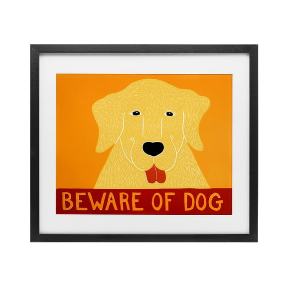 Beware Of Dog Yellow & Red Black Framed Print Under Glass, design by Stephen Huneck