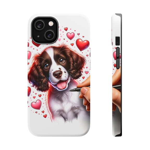 DistinctInk Tough Case for Apple iPhone 14 (6.1" Screen), Compatible with MagSafe Charging - Valentine's Day English Springer Spaniel Puppy