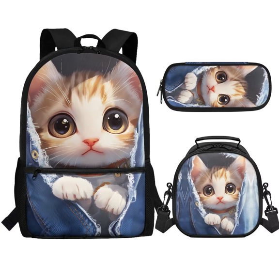 Jeiento Kawaii Cat Bookbag for Girls 7-8 Backpack with Lunch Box and Pencil Case 3 PCS School Backpack for Elementary School Kids Rucksack with Laptop Compartment