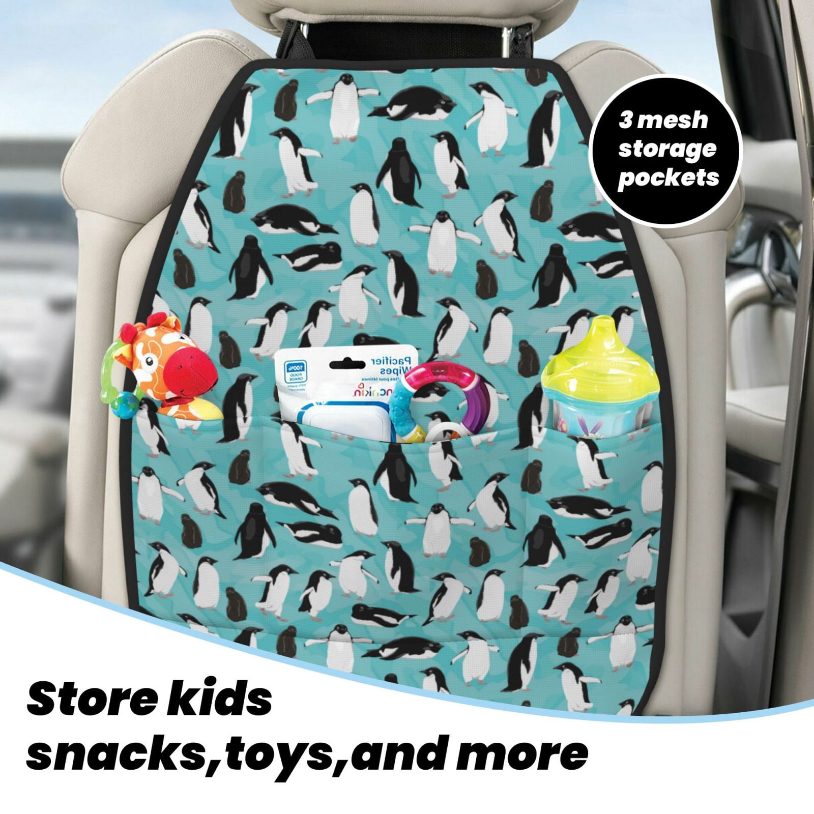 Xecao Penguins Pattern Car Seat Back Protector 2 Pack Large Capacity Pocket, Kick Mats Back Seat Protector