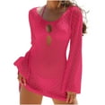 thumbnail image 2 of Zedker Women Hollow Out Beachwear Swim Cover Ups Long Sleeve Crew Neck Beach Vacation Tunic Dress, Plus Size Hot PinkS, 2 of 6