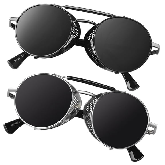 Sunier Retro Round Polarized Steampunk Sunglasses Men Women Shield Goggles Shades-2 Pairs