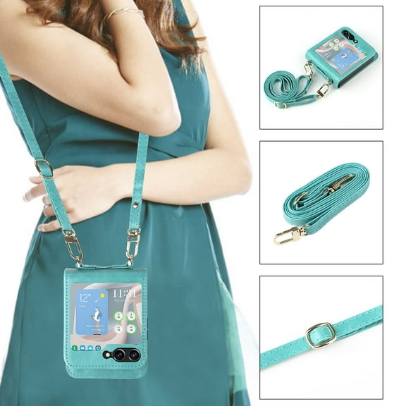 Allytech Galaxy Z Flip5 Wallet Case, Premium PU Leather Cards Holder Shockproof Protective Shoulder Strap Wallet Cover Phone Case for Samsung Galaxy Z Flip5 - Green