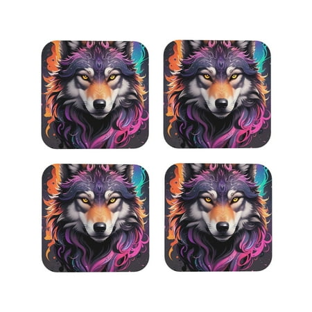 

Leather Coasters Set of 4 - Colorful Wolf Head A Lightweight Non-Slip Drink Coasters for Desk Anti-Scalding Desk Cup Coasters for Office Table Decor Square