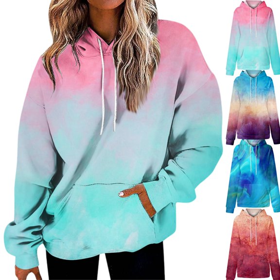 HAJWOH Oversized Hoodies For Women Tie Dye Gradient Sweatshirts Baggy Drawstring Hooded Pullover Fall Casual Tops With Pocket
