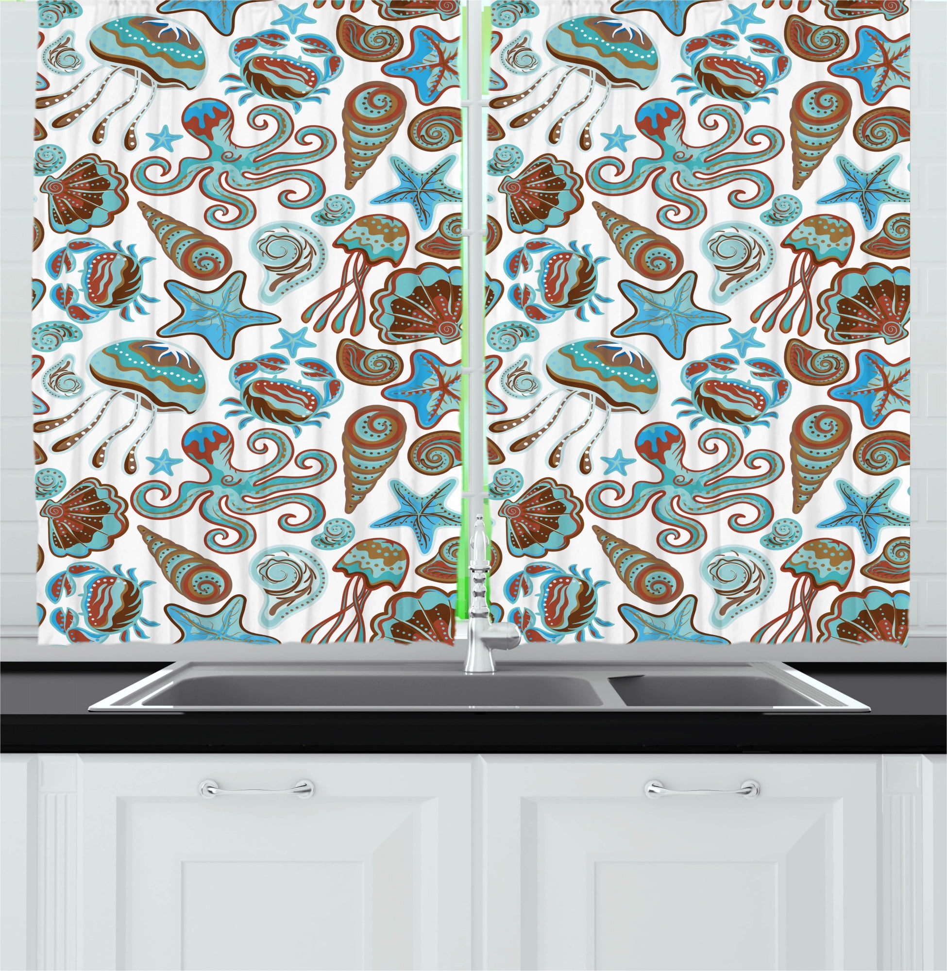Crabs Kitchen Curtains, Illustration of Sea Life Crabs Octopus Shells