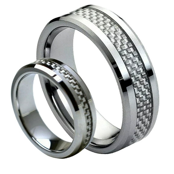 Matching Mens and Ladies Silver Carbon Fiber Inlay Tungsten Carbide Wedding Band Ring Set