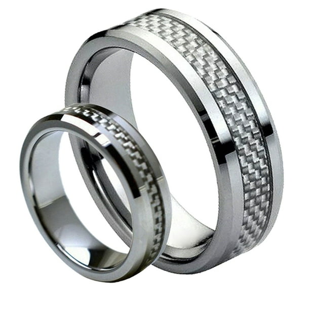 Matching Mens and Ladies Silver Carbon Fiber Inlay Tungsten Carbide