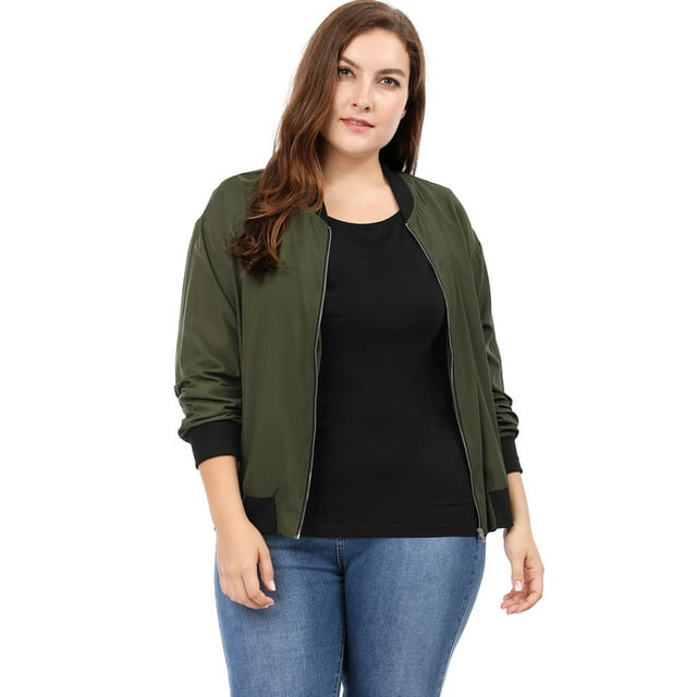 GRACE & GRANDEUR Women's Plus Size Contrast Trim Zipper Hip Length Bomber Jacket