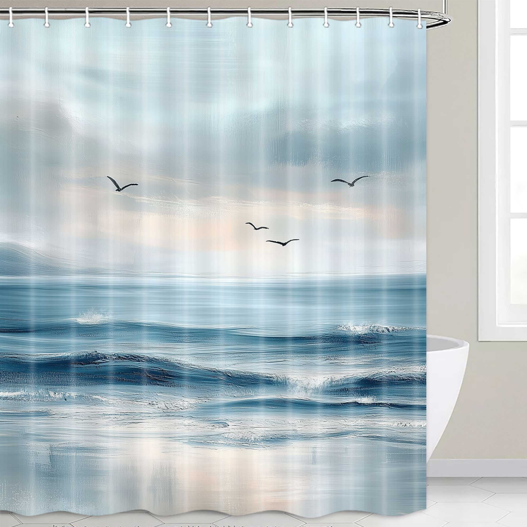 Abstract Beach Shower Curtain, Coastal Teal Oil Painting Ocean Bathroom Curtain, Sea Wave Seagull Nature Landscape Summer Scenery Watercolor Bath Accessories Bathroom Decor Curtains Hooks,72X72
