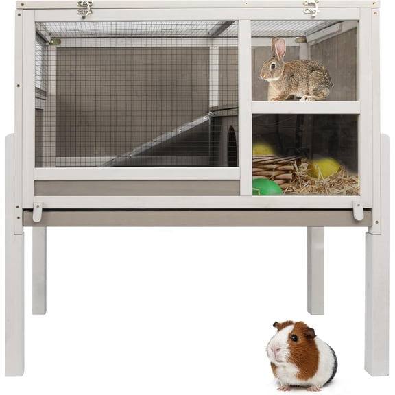 PETSCOSSET 2‑Story Large Wooden Small Animal Cage, 4 Detachable Legs, Hideout, Anti‑Chew Ramp, Leak‑Proof Pull‑Out Tray for Guinea Pig Rabbit Hamster