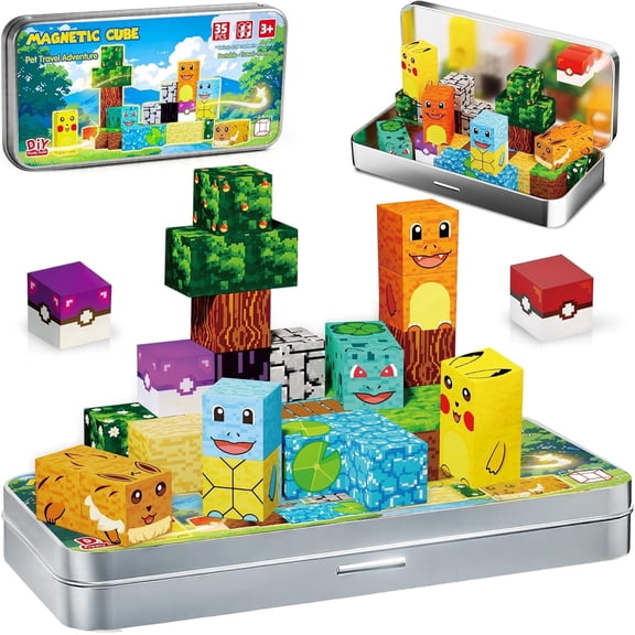 EP EXERCISE N PLAY Voxel Animal Magnetic Building Cubes Set Mini Travel with Iron Box STEM Construction Toys Ages 4-8, 35 Piece