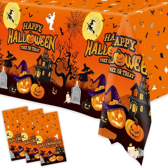 Wowhub 3 Pack Halloween Disposable Tablecloths, 54 x 108 Inch Happy Halloween Theme Plastic Disposable for Rectangle Tables Halloween Supplies, Orange