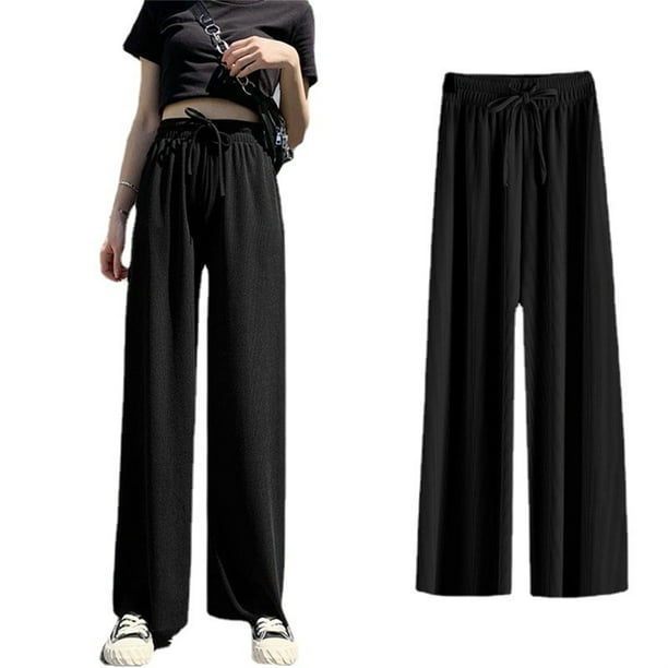 Pantalones anchos de pierna Nikou para mujer casuales holgados de cintura alta con cordón color negro Talla única