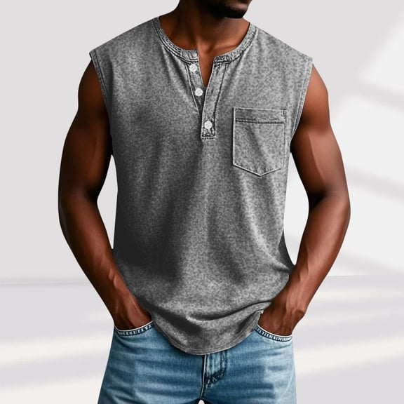 Kalauyu Men's Sleeveless Henley Tank with Chest Pocket, Casual Solid Color Summer Outings Top