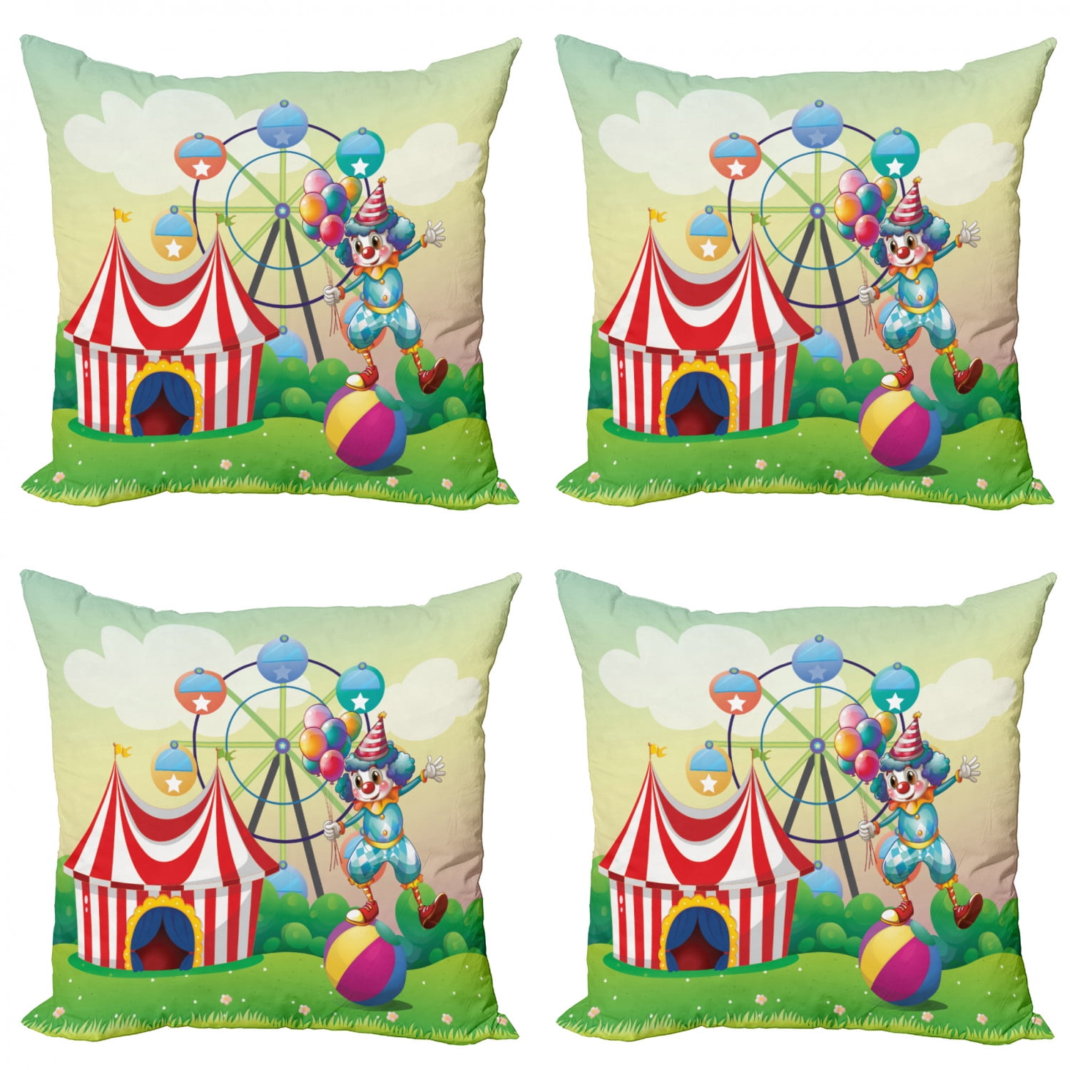 Circus Throw Pillow Cushion Case Pack Of 4 Illustration Of A Clown Balancing Above An