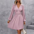 thumbnail image 6 of WTOBBY Women's Fashionable Solid Color V-Neck Long Sleeve Pleated Versatile Dress Lantern Sleeve Detail for Unique Style Flowy Pleats for Movement Wardrobe Essential,Pink S, 6 of 8
