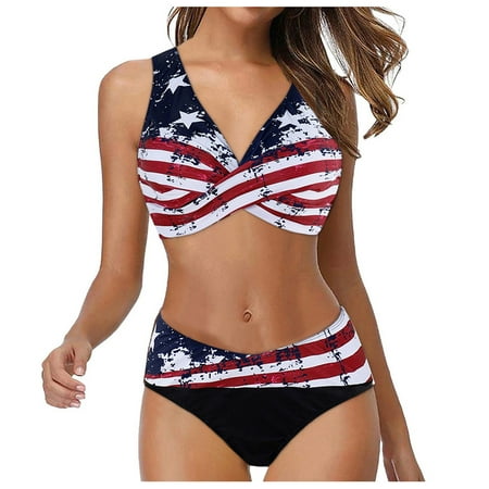 MSJUHEG American Flag Swimsuits for Women red White and Blue Swimsuit Women bikini Sets for Women thong Bikini bikini Sets for Women Underwire swimsuit Set Bathing Bikini Suit Tankinis Set Blue L
