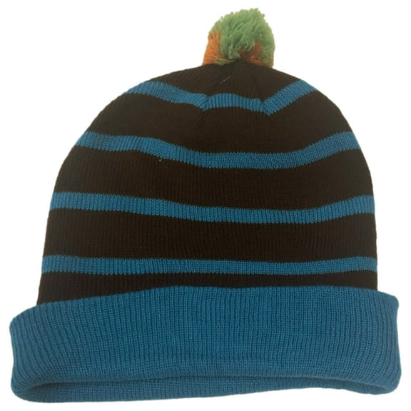 Aquarius Boys Colorful Knit Striped Blue & Brown Beanie Pom Pom Hat Stocking Cap