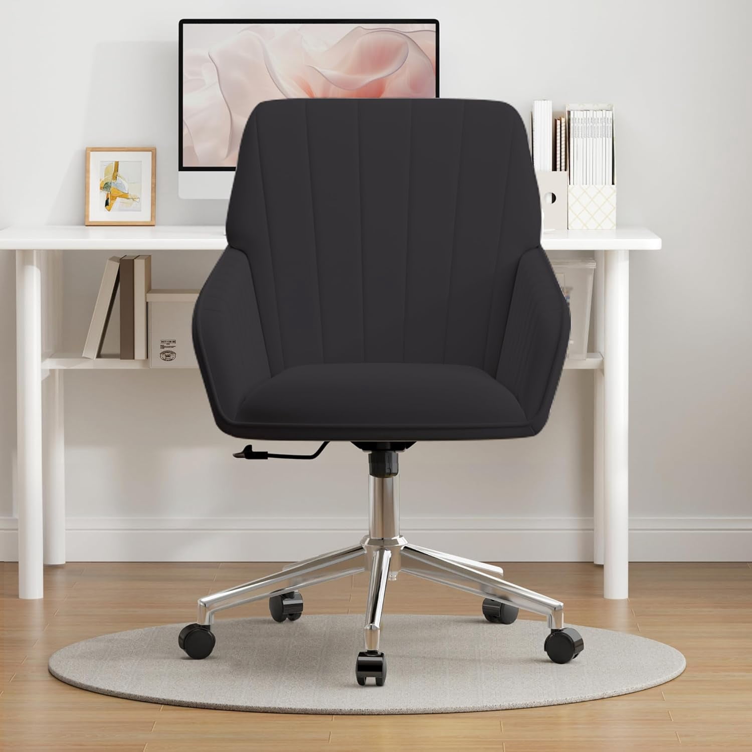 YWEN Velvet Office Desk Chair with Silver Base, with Wheels,Modern Height Adjustable 360 Degree Swivel Upholstered Vanity Chairs with Arms for Living Room Bedroom,Black