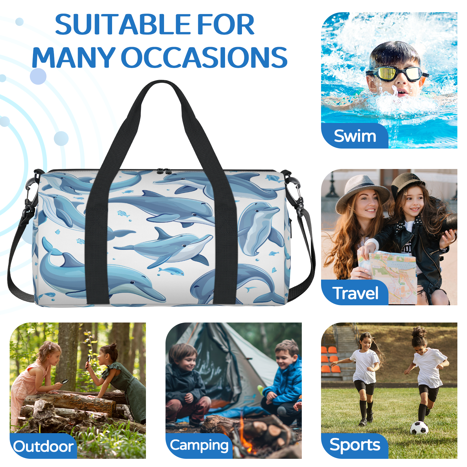Herdesigns Dolphin Travel Duffle Bag Sports Yoga Weekender Overnight Carry on Workout Bags Lightweight Waterproof Gym Tote Bag for Women Animal Fish