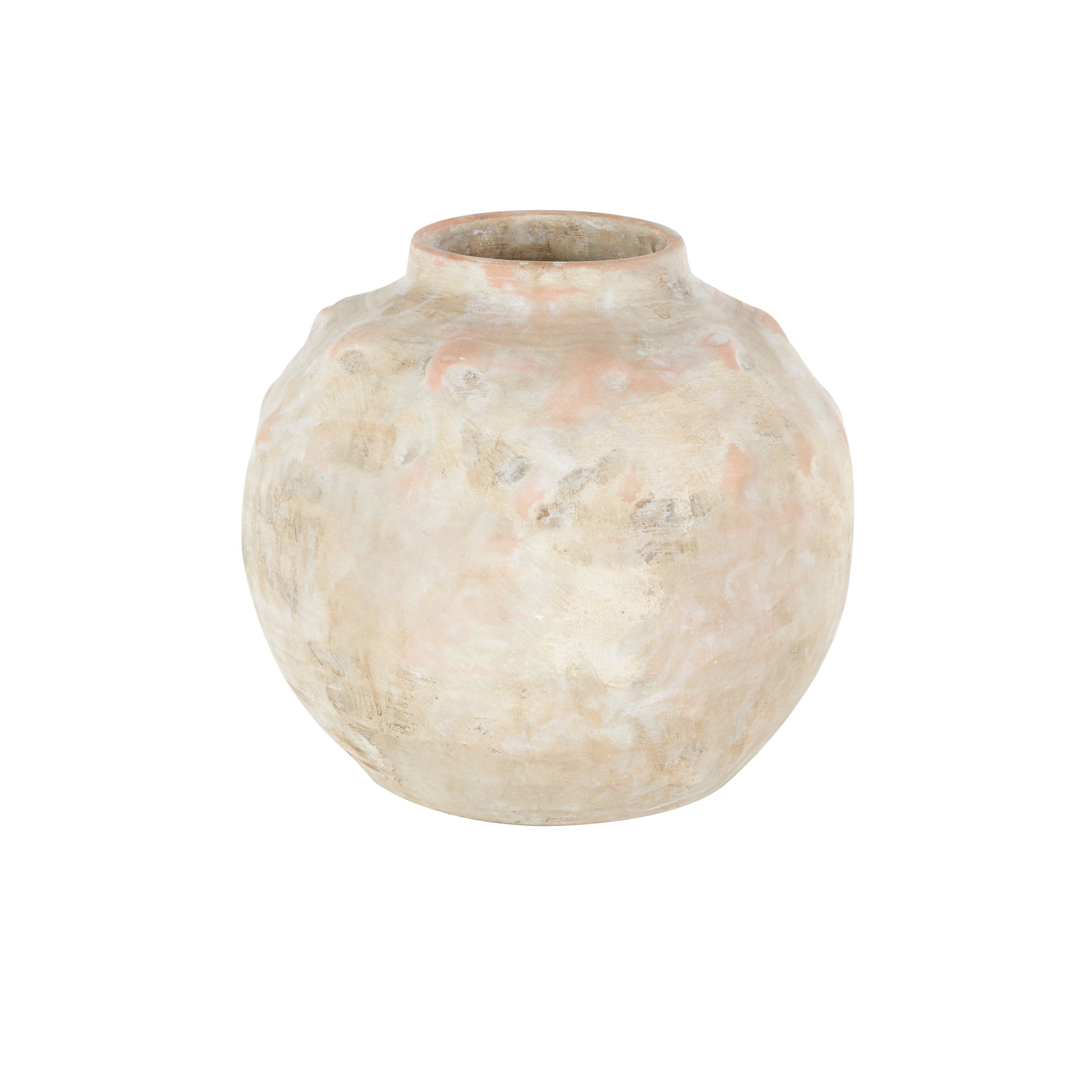 DecMode 11" Antique Short Wide Beige Ceramic Vase with Shades of Pink