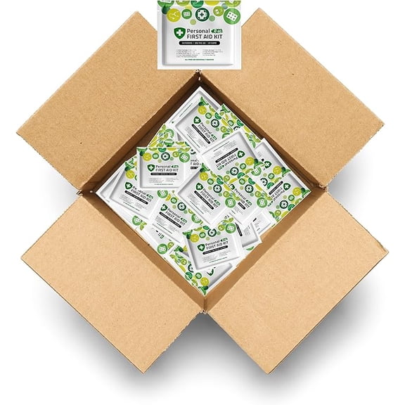 Personal First Aid Kit - Case of 100 | Clean, Treat, Protect Minor Cuts, Scrapes and Burns | Perfect for Home, Office, Car, School, Business, Camping | Individually Wrapped First Aid Products (Green)