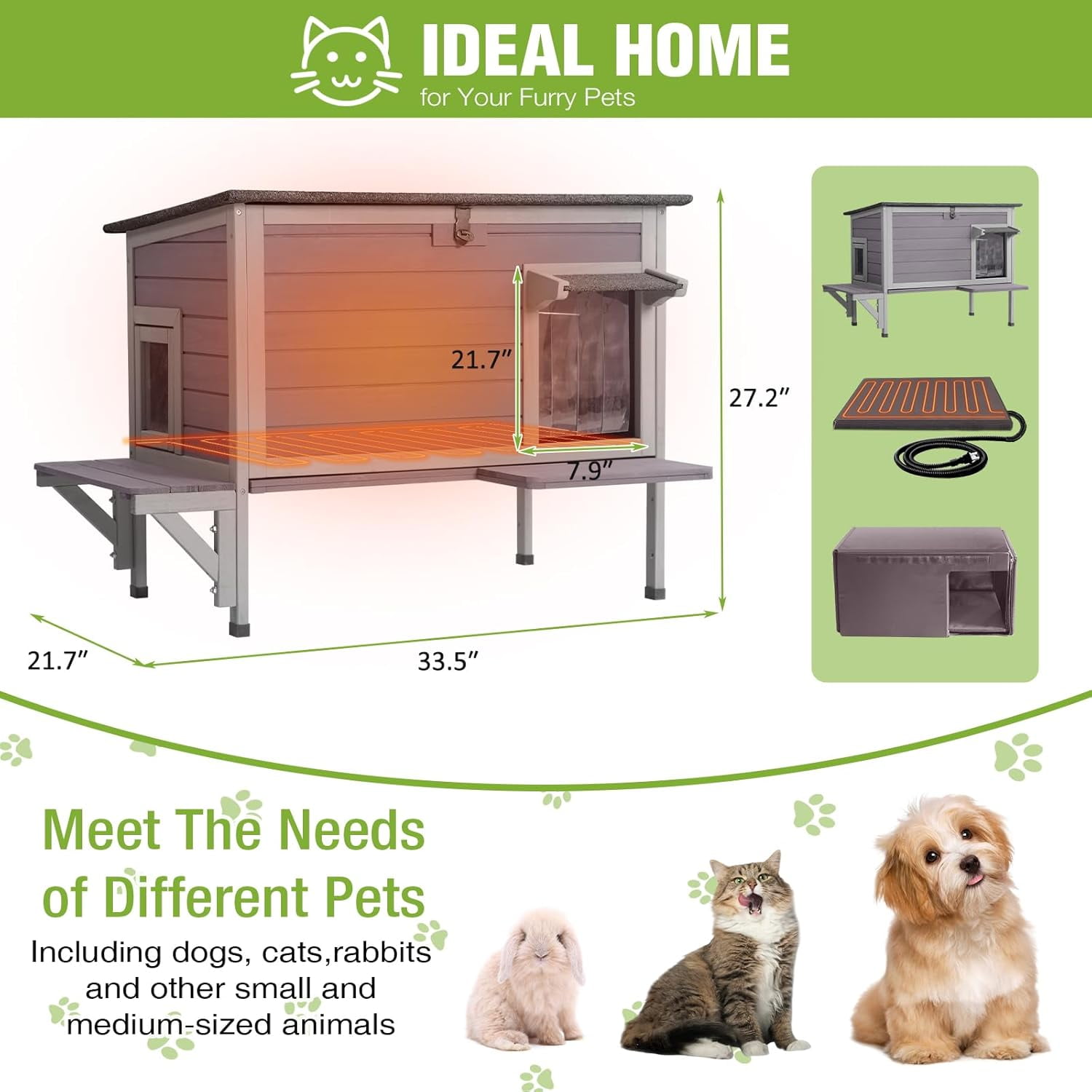 MEDEHOO Large Heated Cat House Outdoor Insulated Cat House Weatherproof Feral Cat Shelter with Thermostat-Controlled Heating Pad, 6-Sided Thermal Liner for 1-4 Feral Stray Barn Cats, 33.5" L