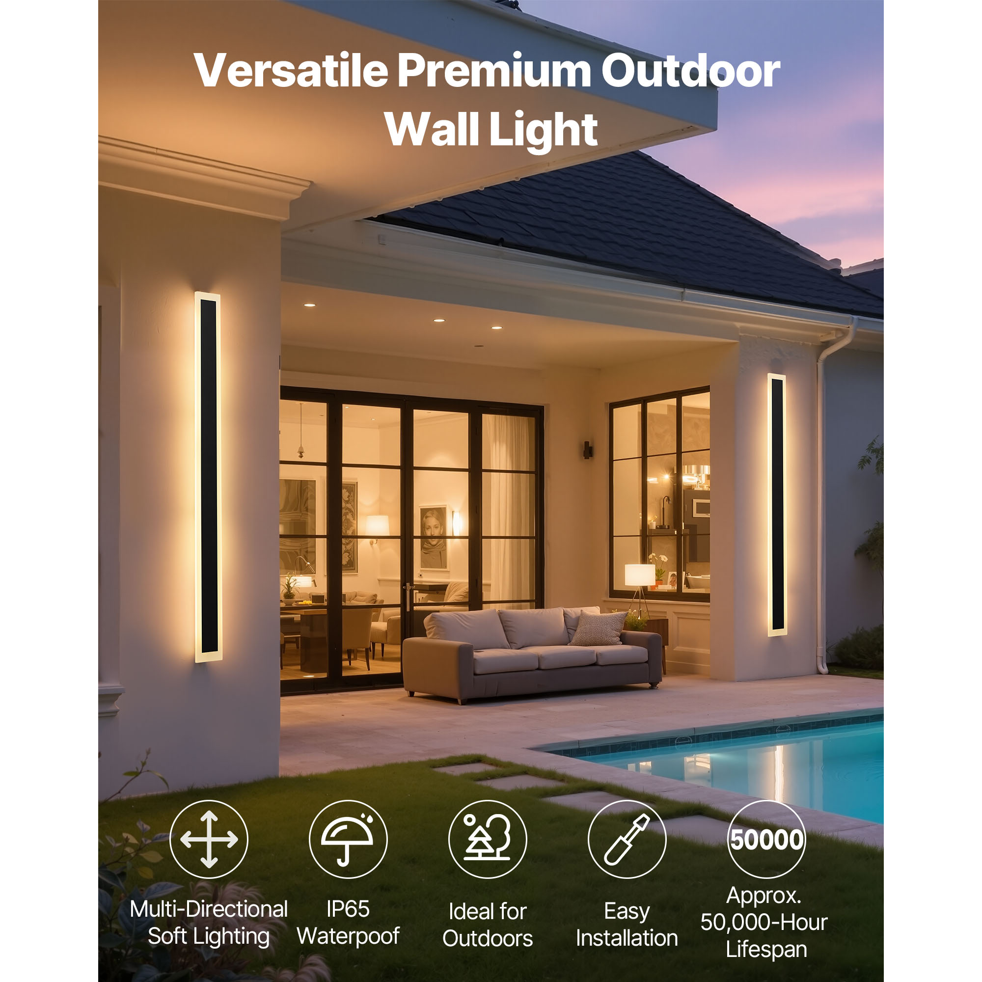 KFFKFF Outdoor Wall Lights, Set of 2, 59.1-Inch Modern Vertical Wall Sconce Fixtures, Adjustable Color Temperature 2700K-6000K, IP65 Waterproof, Rust-Resistant, Dimmable Exterior Lighting for Porch