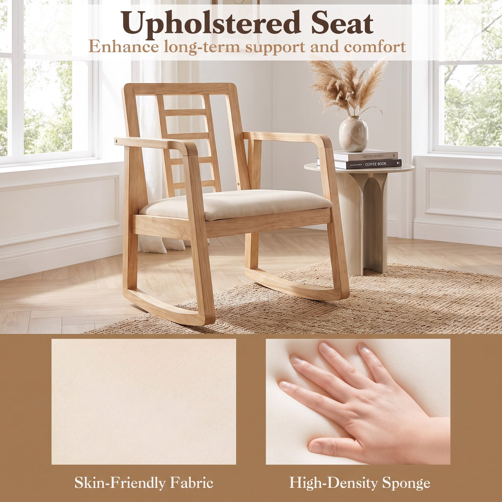 Biotree Wooden Rocking Chair with Upholstered Seat and Ladder Back for Living Room, Natural