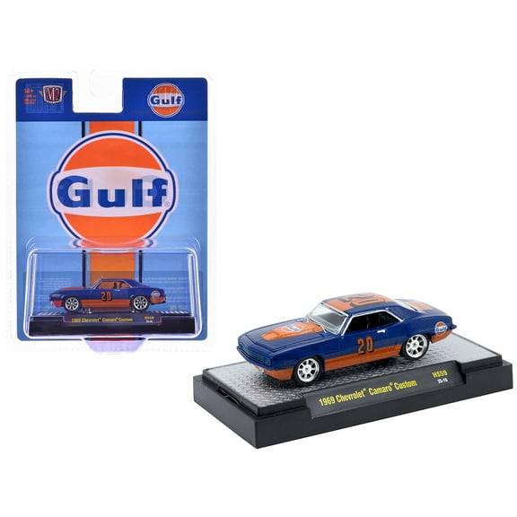 1969 Chevrolet Camaro Custom #20 "Gulf Oil" Dark Blue and Orange Limited Edition 1/64 Diecast Model Cars by M2 Machines