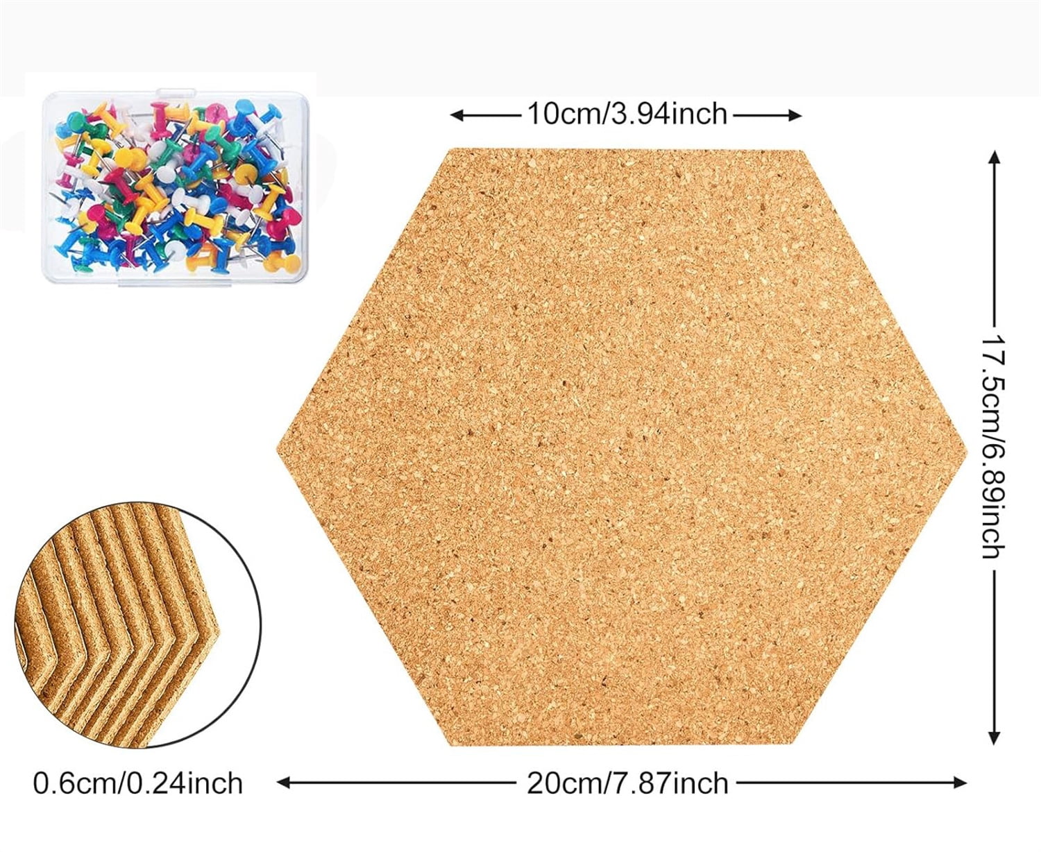 6 Pieces Hexagon Cork Board for Walls,Bexikou 20 x 17.5cm Cork Board Tiles,Self Adhesive Bulletin Board with 100 Pcs Push Pins for Pictures, Photos, Notes, Drawing, Memo