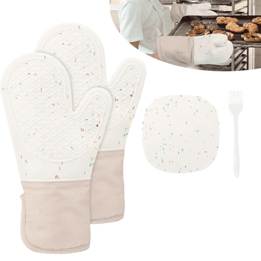 6 Pcs Kitchen Oven Mitts Set,Heat Resistant Silicone Cooking Mittens with Potholders,Hand Clips,Brushes