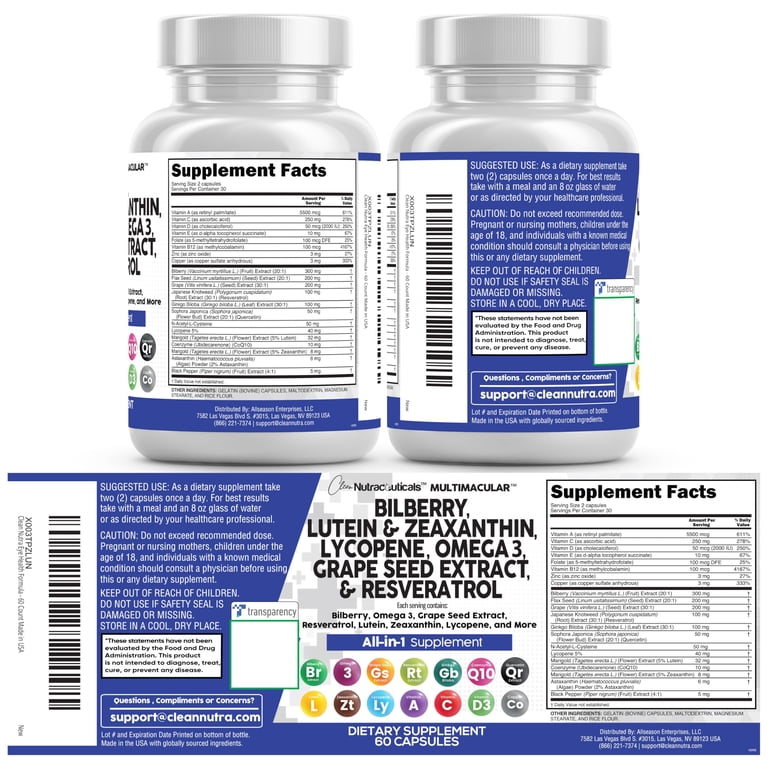 advanced eye care with lutein 40mg bilberry 260mg l-glutathione 50mg Preferred Nutrition Clean Nutra Eye Vitamins with