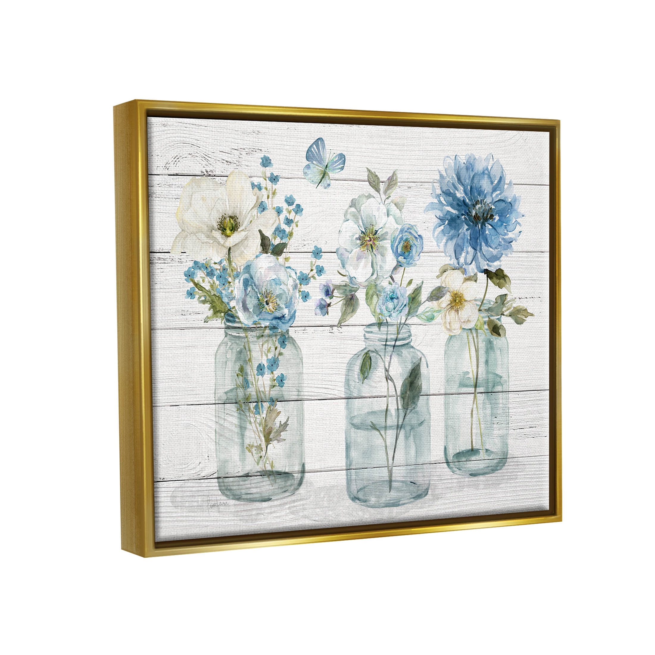 Blue Country Jar Bouquets Botanical & Floral Graphic Art Metallic Gold Framed Art Print Wall Art