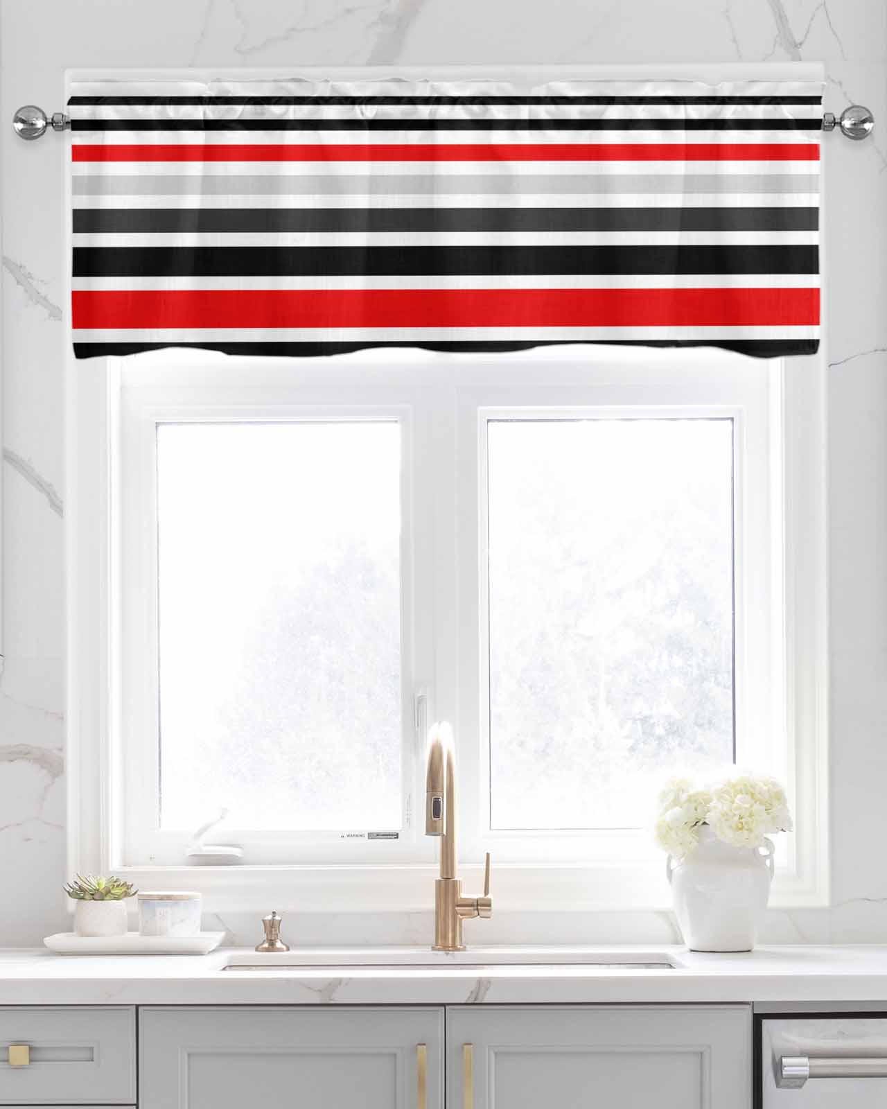 Red Black Stripe Kitchen Valances for Windows Farmhouse Linen Window Valance Curtain for Living Room Window Treatment Modern Abstract Coarse Striped Valance Rod Pocket Topper Drape, 42 x 18 Inch