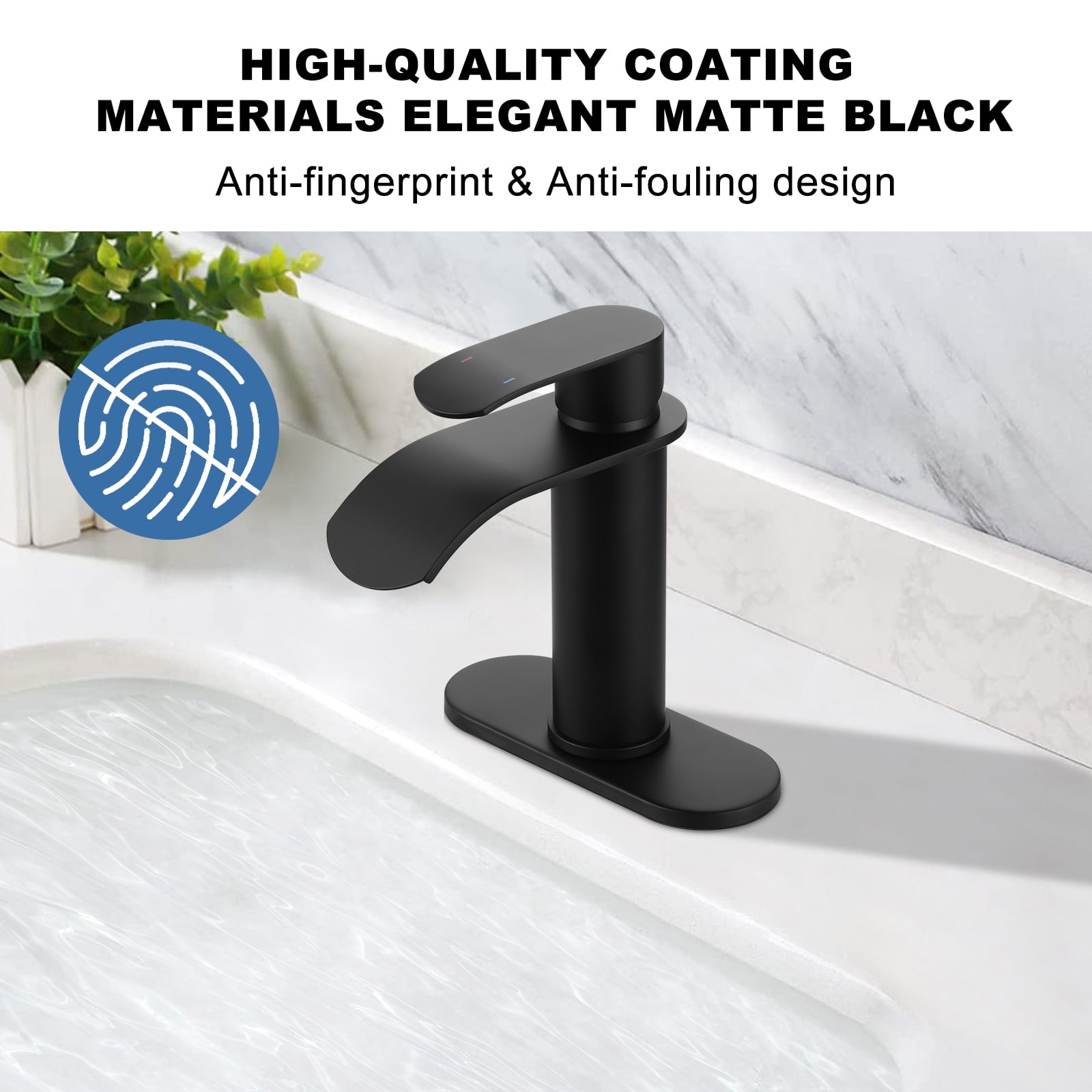 WOWOW Waterfall Bathroom Faucet Matte Black: Bathroom Sink Faucet for 1 Hole or 3 Holes, Single Handle Vanity Faucet with Metal Pop up Drain, Stainless Steel Basin Sink Faucet Tap for RV