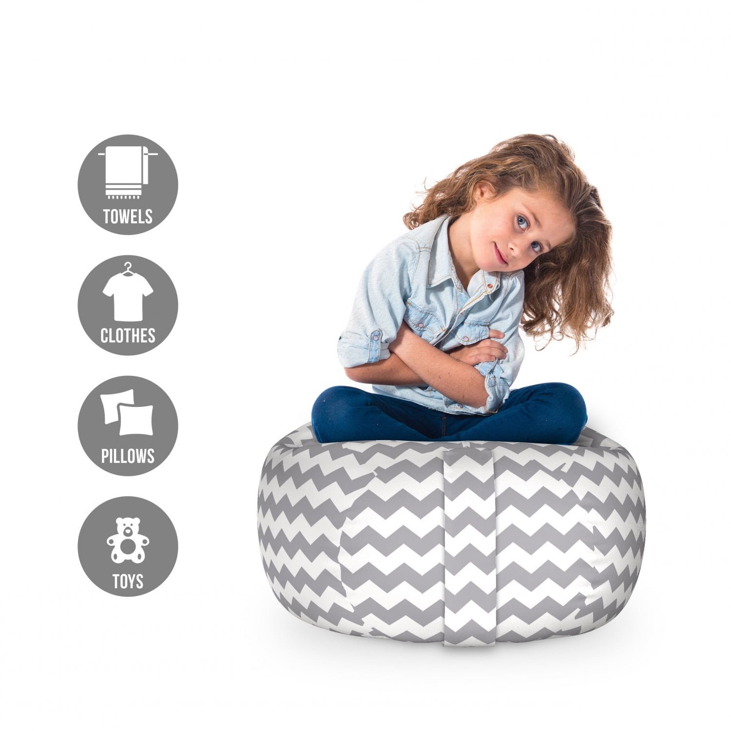 Baby Bean Bag Chair for Kids UNFILLED With 2 Covers & Harness White Grey Zig-Zag 