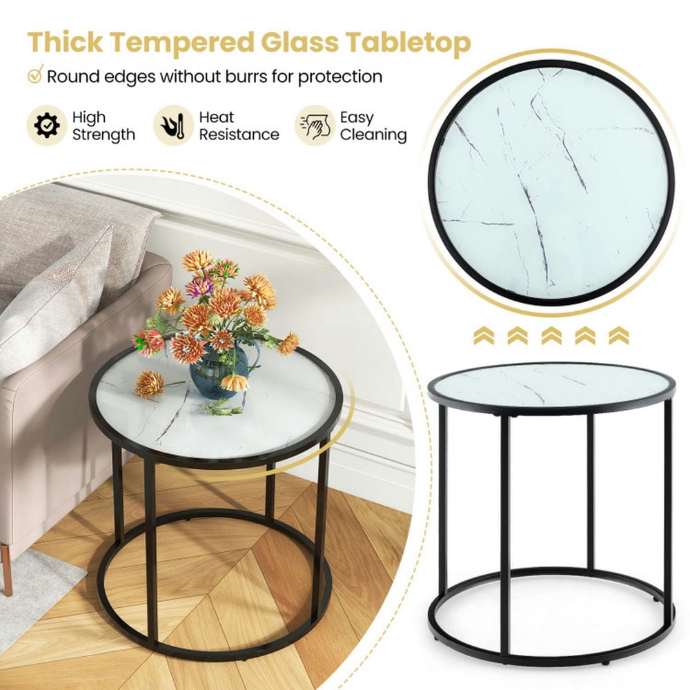 Finihen End Table, Glass End Table, 20 Inch Glass End Table with Metal Frame and Faux Marble Glass Top, for Living Room, Bedroom, Black & White Finihen End Table, Glass End Table, 20 Inch Glass End Table with Metal Frame and Faux Marble Glass Top, for Living Room, Bedroom, Black & White