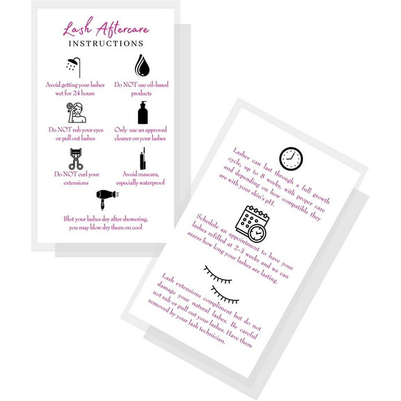 Lash Extension Aftercare Instructions Cards  50 Pack  Double Sided Size 3.5 x 2" inches After Care 2-3 Week Fillers  White with Pink Font Design