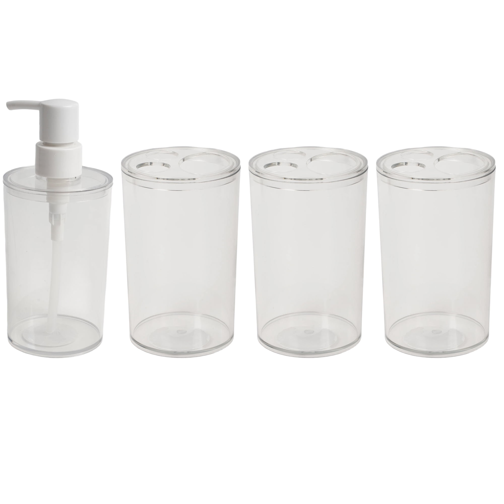 Koomade Clear Plastic 3 Toothbrush Holders + 1pc Soap Dispenser Bathroom Organization Set